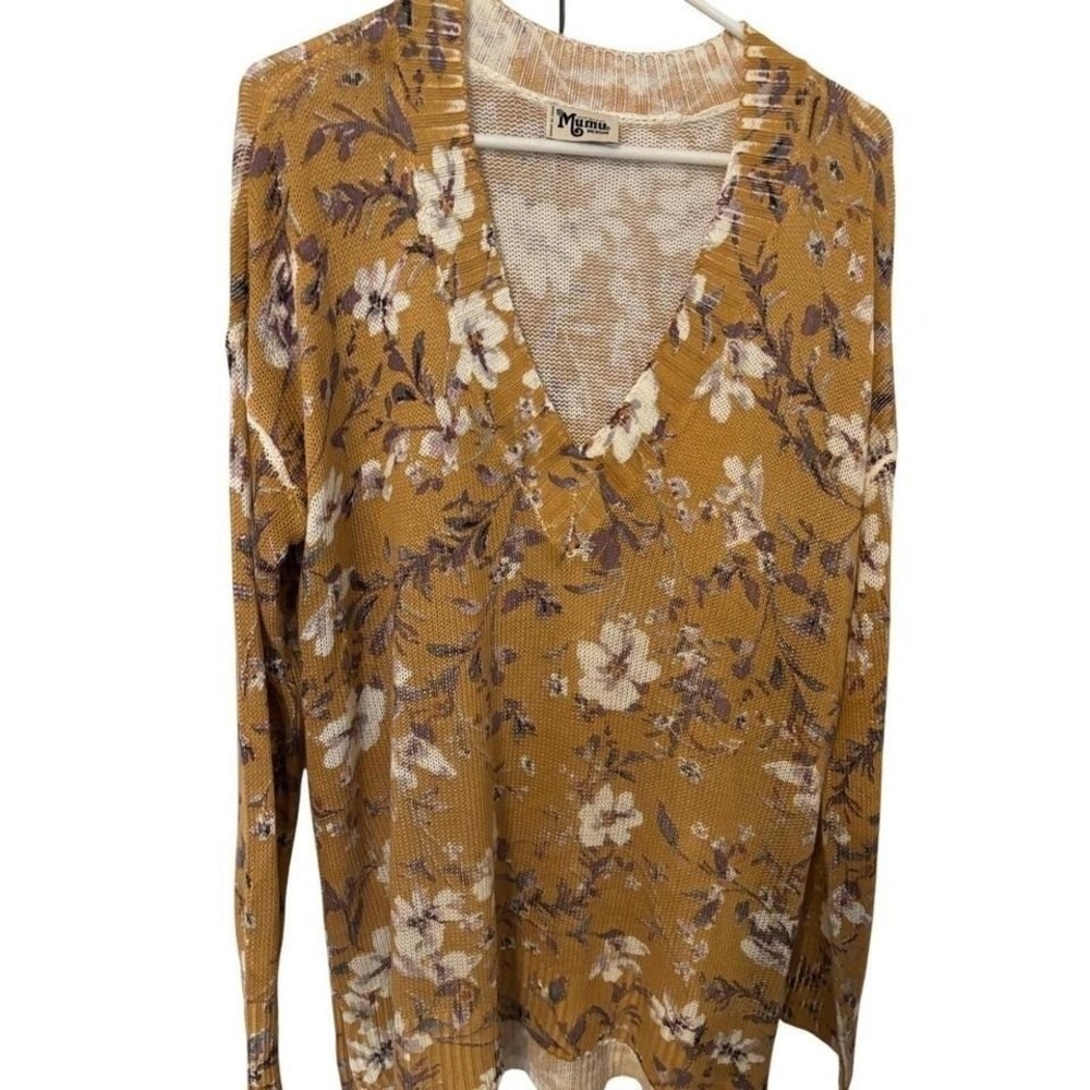 Mumu Floral Print‎ V Neck Sweater Mustard Yellow White Purple Long Sleeve Size M